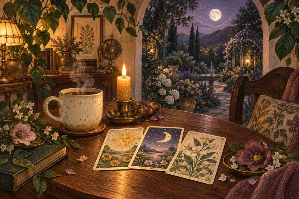 An illustrated reading room with tarot cards, books, and a warm cup of tea