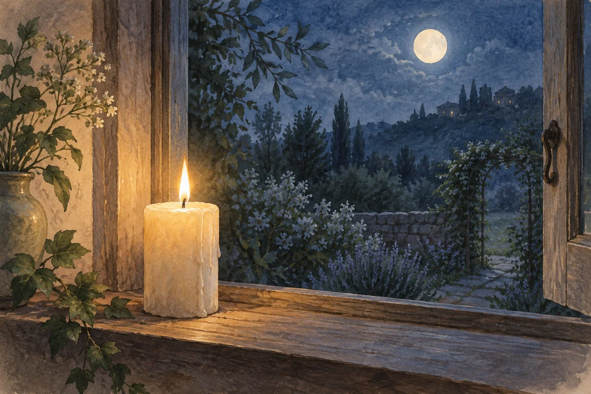 A glowing candle on a windowsill overlooking a moonlit garden, painted in watercolor.