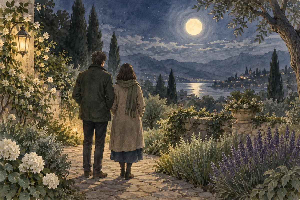 Two people sharing a quiet moment on a moonlit garden path, painted in watercolor.