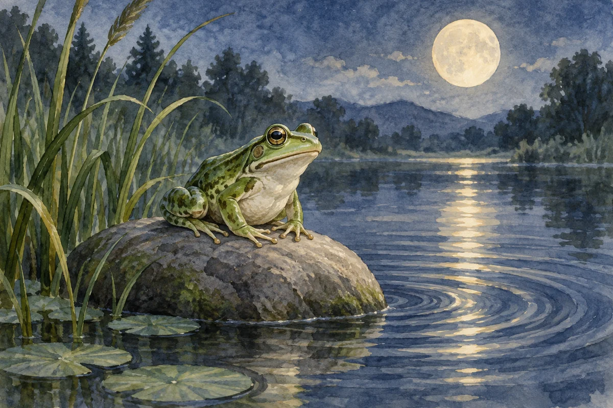 A green frog resting beside a moonlit pond, painted in watercolor.