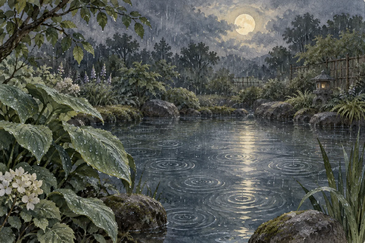 Soft rain making ripples in a moonlit garden pond, painted in watercolor.