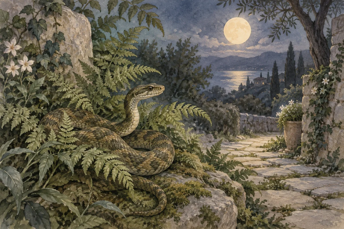 A snake resting among leaves beside a moonlit garden path, painted in watercolor.