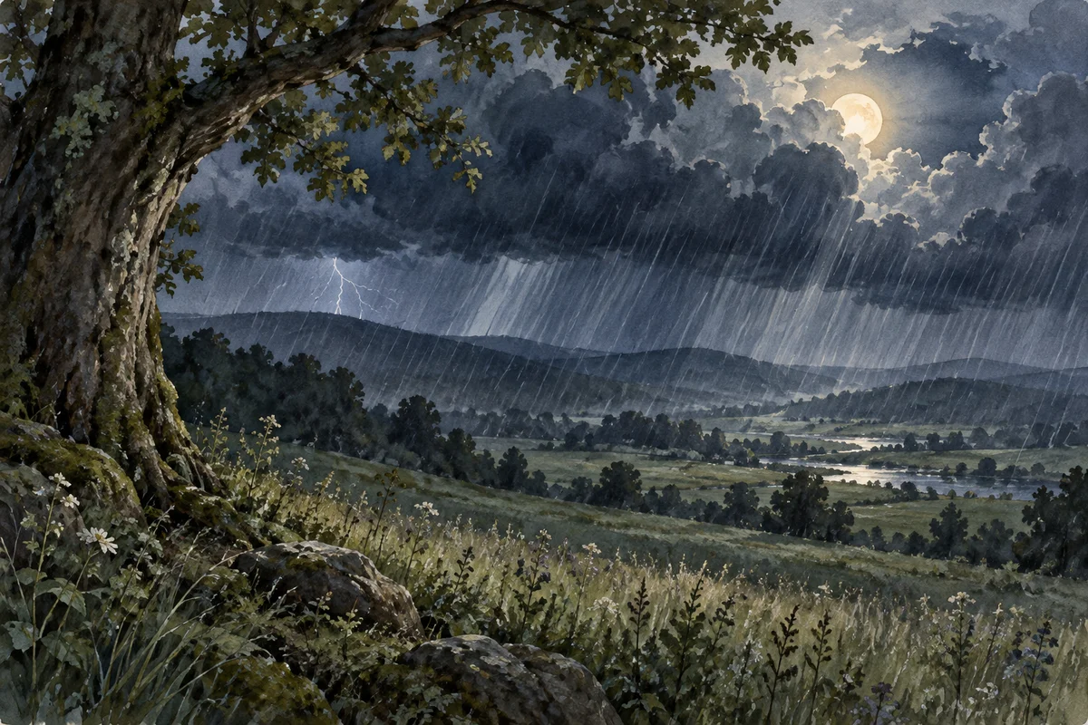 A rainstorm moving across a moonlit hillside, painted in watercolor.