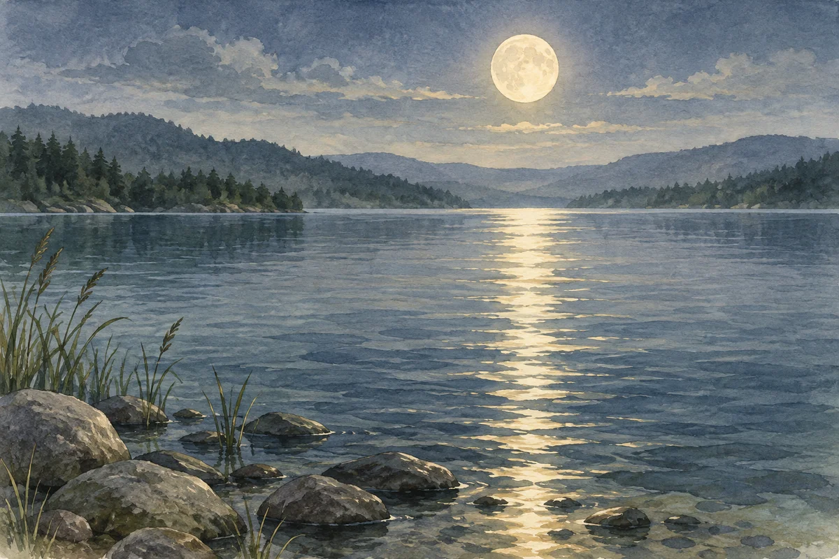 Moonlight reflected across a still lake, painted in watercolor.