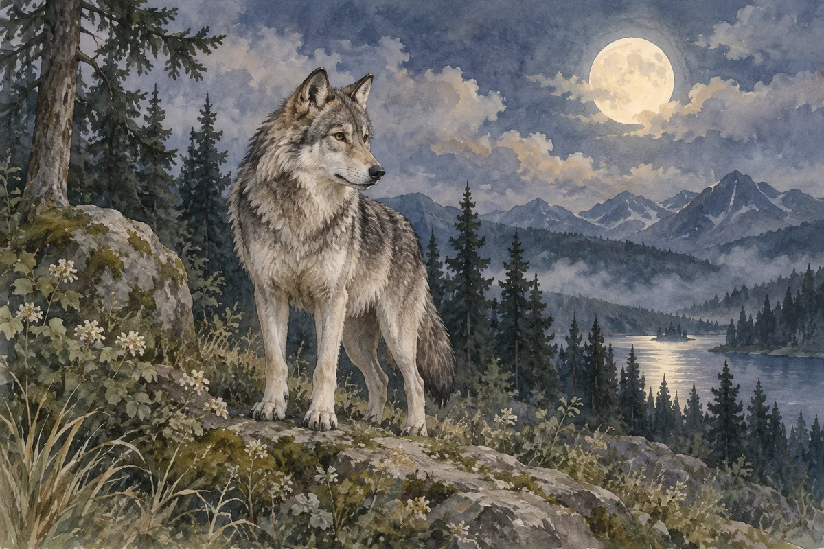 A gray wolf standing quietly above a moonlit forest lake, painted in watercolor.