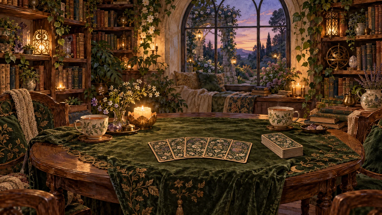 A candlelit reading table with botanical card backs, a cup of tea, and shelves of books.