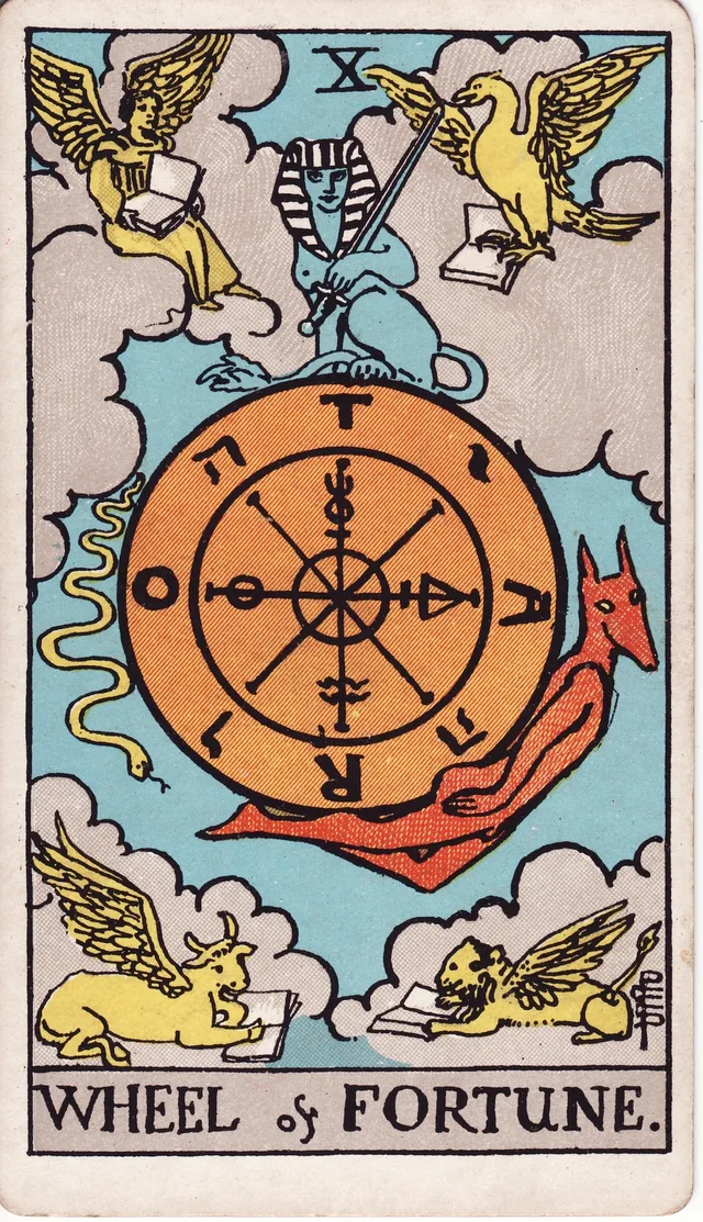 X · Wheel of Fortune, Rider-Waite-Smith tarot, 1909